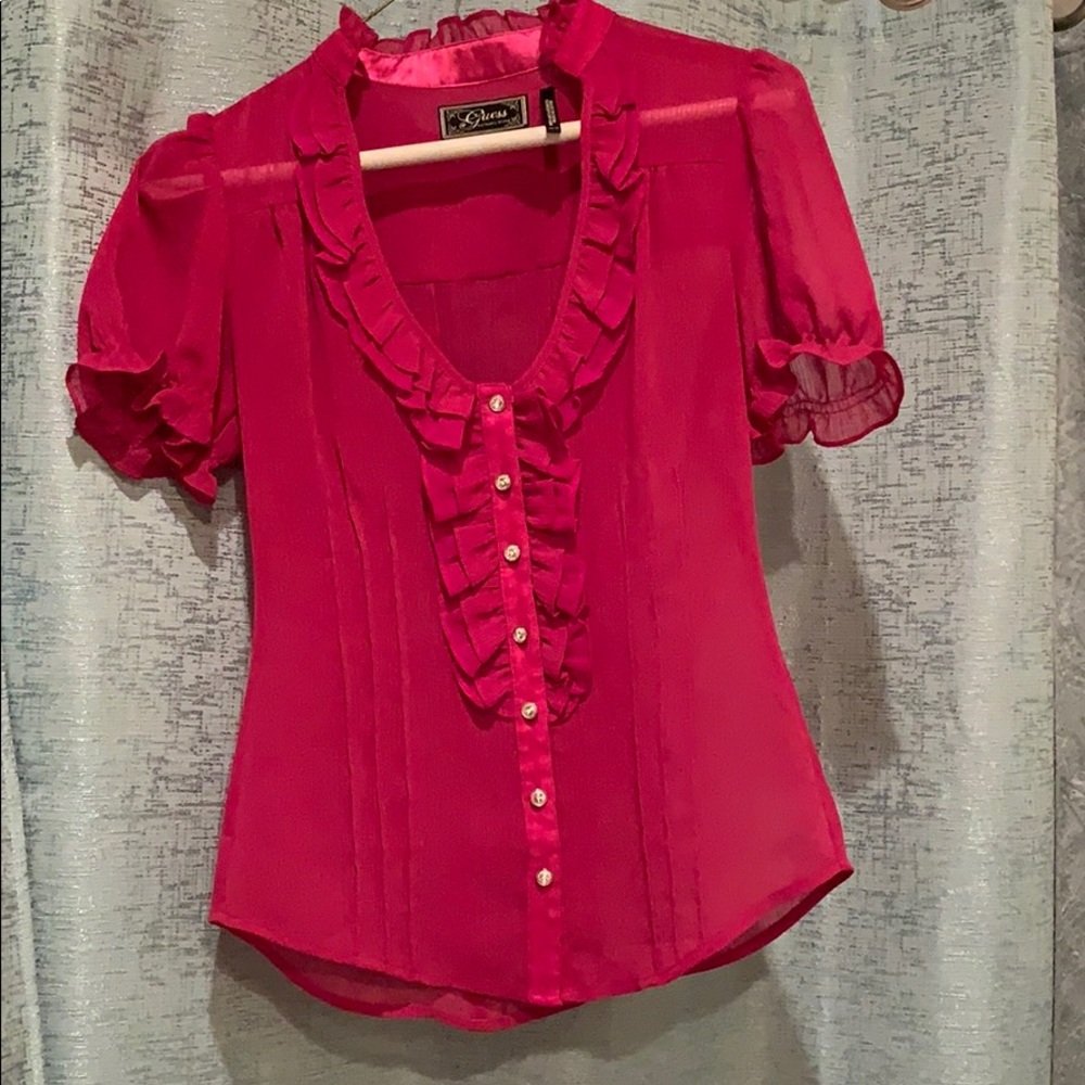 Guess ruffle blouse with rhinestone buttons.